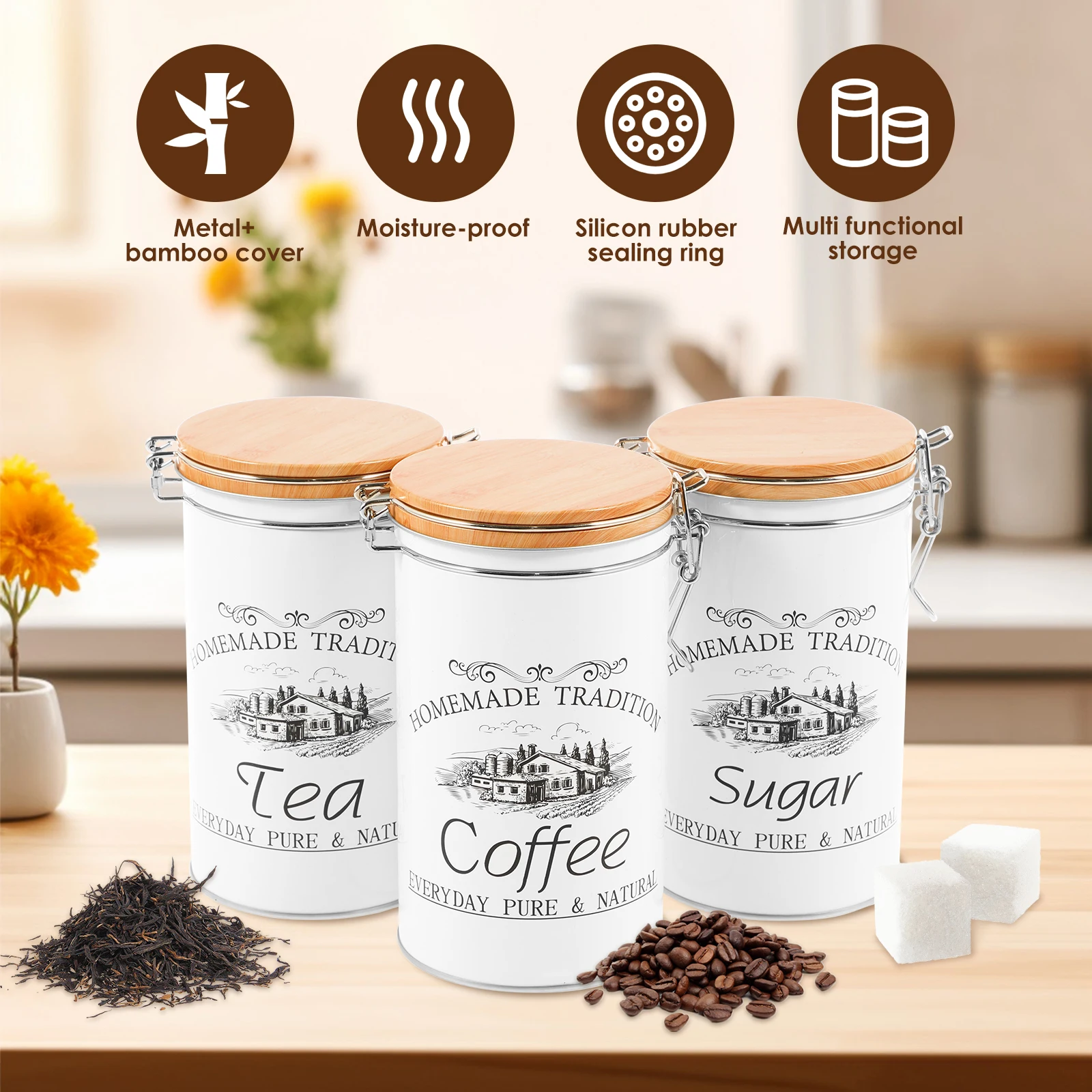 3Pcs/Set Tea Coffee Sugar Cani - đánh giá và giá Coffee Tea Sugar Canister Set